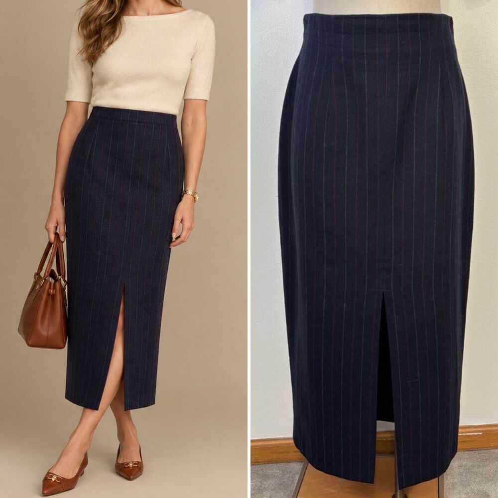 VTG The Limited Womens Fits M Navy w/ Pin Stripe Midi Pencil Skirt Front Slit